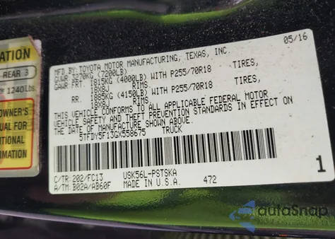 2016 Toyota Tundra Sr5 5.7L V8/Trd Pro 5.7L V8 z USA, uszkodzony, nr VIN 5TFDY5F13GX558675